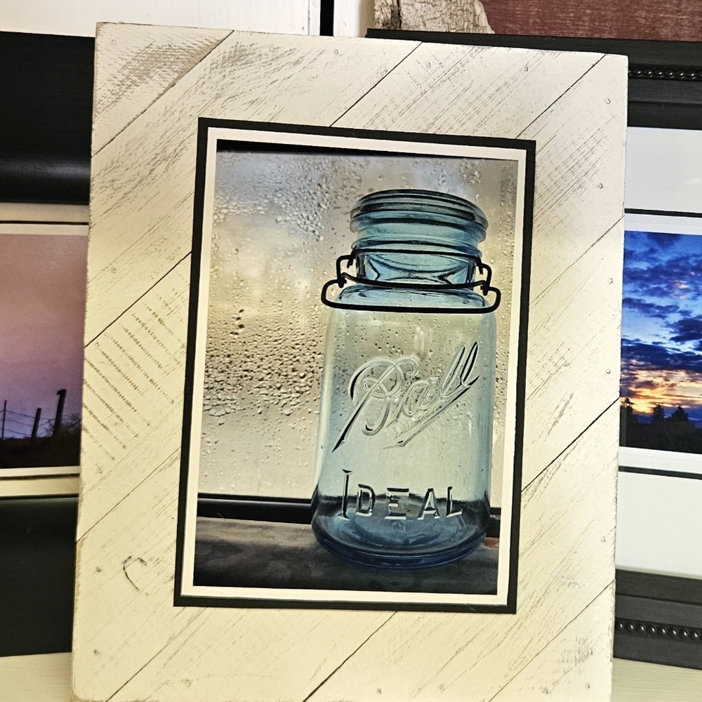 5×7 Original Photo print- Vintage Ball Jar mounted on 8×10 whitewash Woodplank